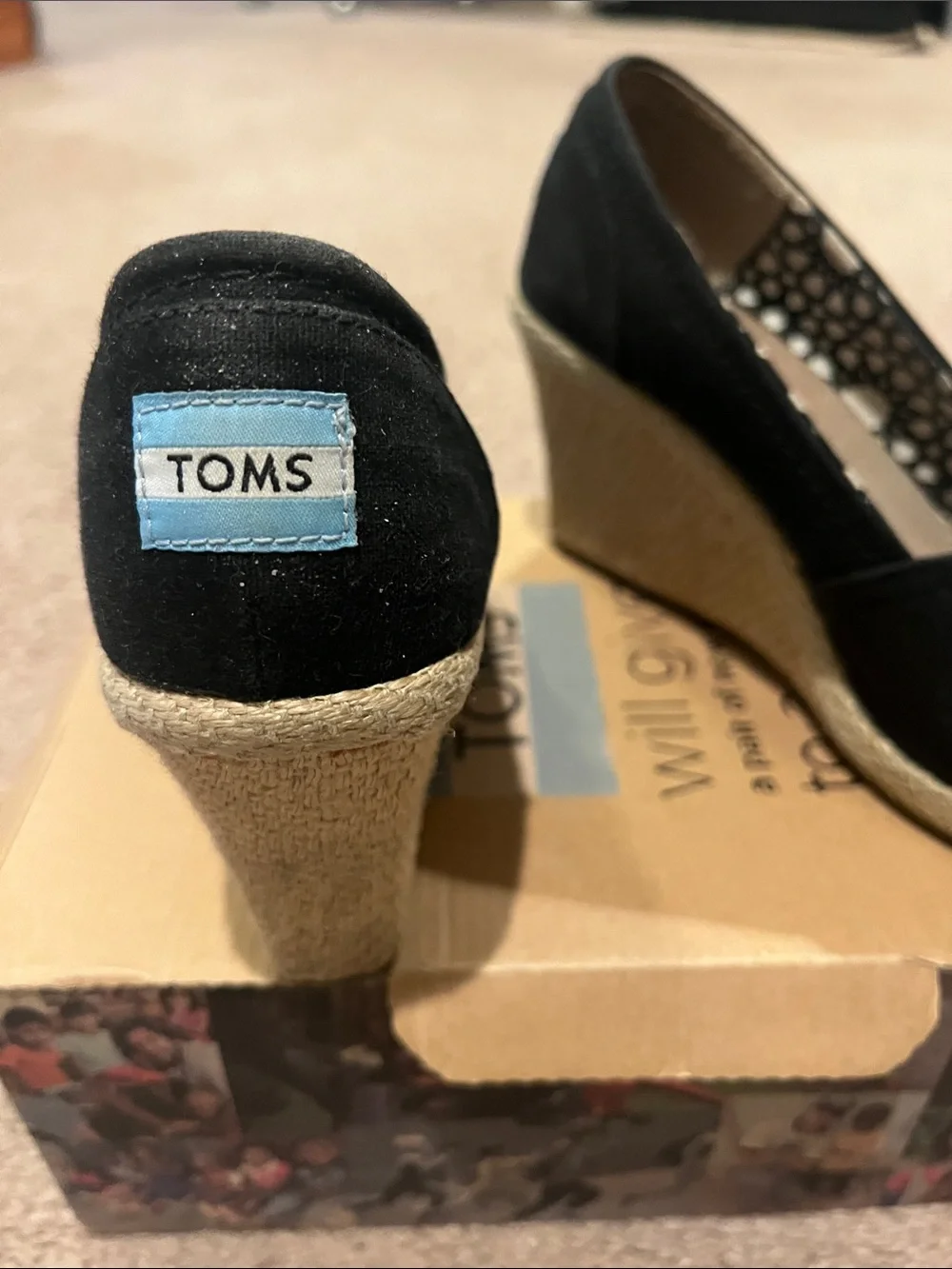 Toms Black Espadrille Peep-Toe Wedge Shoes